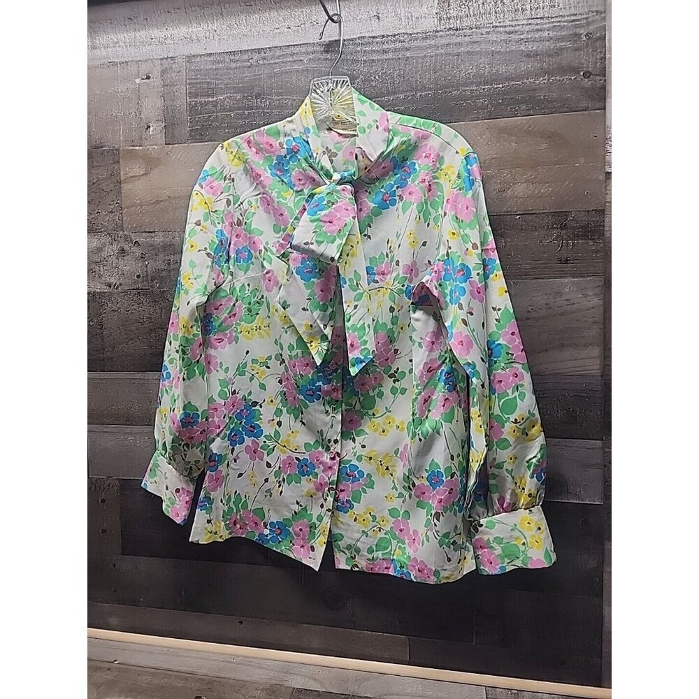 Vintage 70's JC Penny womans Bow collar Floral Blouse Office Geek Grandma Core